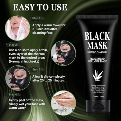 Charcoal Peel Off Face Mask for Blackhead Removal – Deep Pore Cleansing Mask with Brush & Extractor Tool, 3.53 oz Avelisse