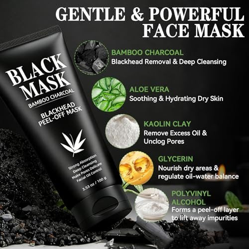 Charcoal Peel Off Face Mask for Blackhead Removal – Deep Pore Cleansing Mask with Brush & Extractor Tool, 3.53 oz Avelisse