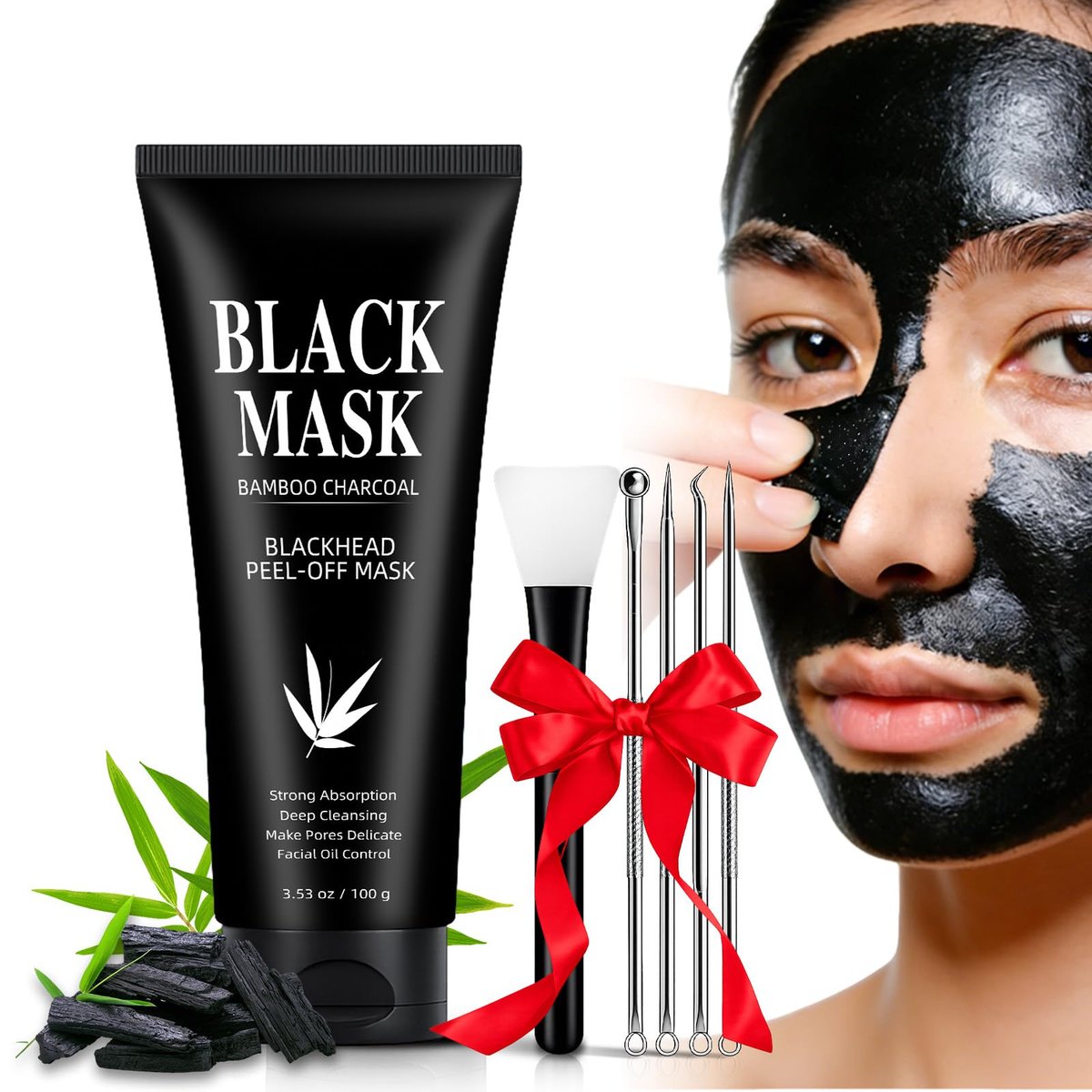 Charcoal Peel Off Face Mask for Blackhead Removal – Deep Pore Cleansing Mask with Brush & Extractor Tool, 3.53 oz Avelisse