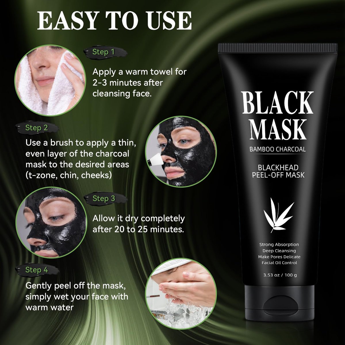 Charcoal Peel Off Face Mask for Blackhead Removal – Deep Pore Cleansing Mask with Brush & Extractor Tool, 3.53 oz Avelisse