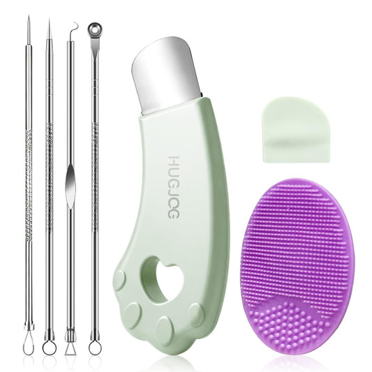 HUGJOG Blackhead Remover Tools for Face - 304 Stainless Steel Pore Extractor Spatula with Soft Silicone Cleansing Brush & 4 Blackhead Needles - Deep Pore Cleaning Kit for Nose and Face