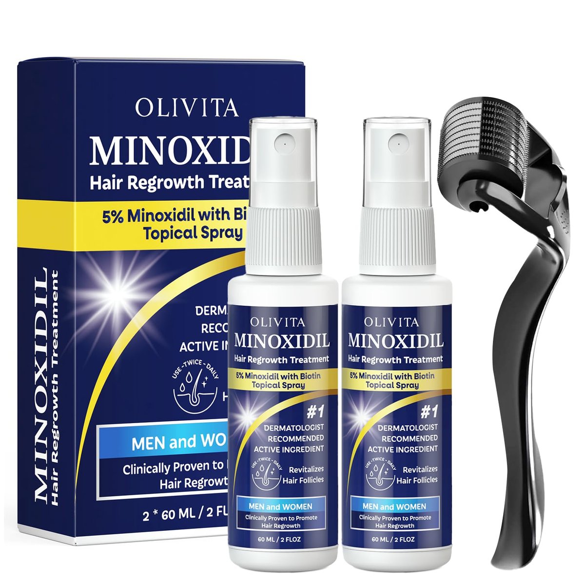 5% Minoxidil Hair Growth Kit for Men and Women - Spray Treatment with Biotin & Rosemary, Stop Hair Loss, Stronger Thicker Hair, 2 Pack Avelisse