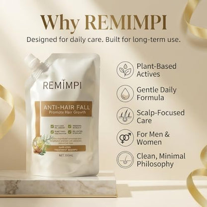 REMIMPI Herbal Anti-Fall Shampoo, Ginger & Ginseng Scalp Cleanser with Jojoba & Oat Extracts, Strengthening Formula for Thinning Hair, 300ml (2-Pack) Avelisse