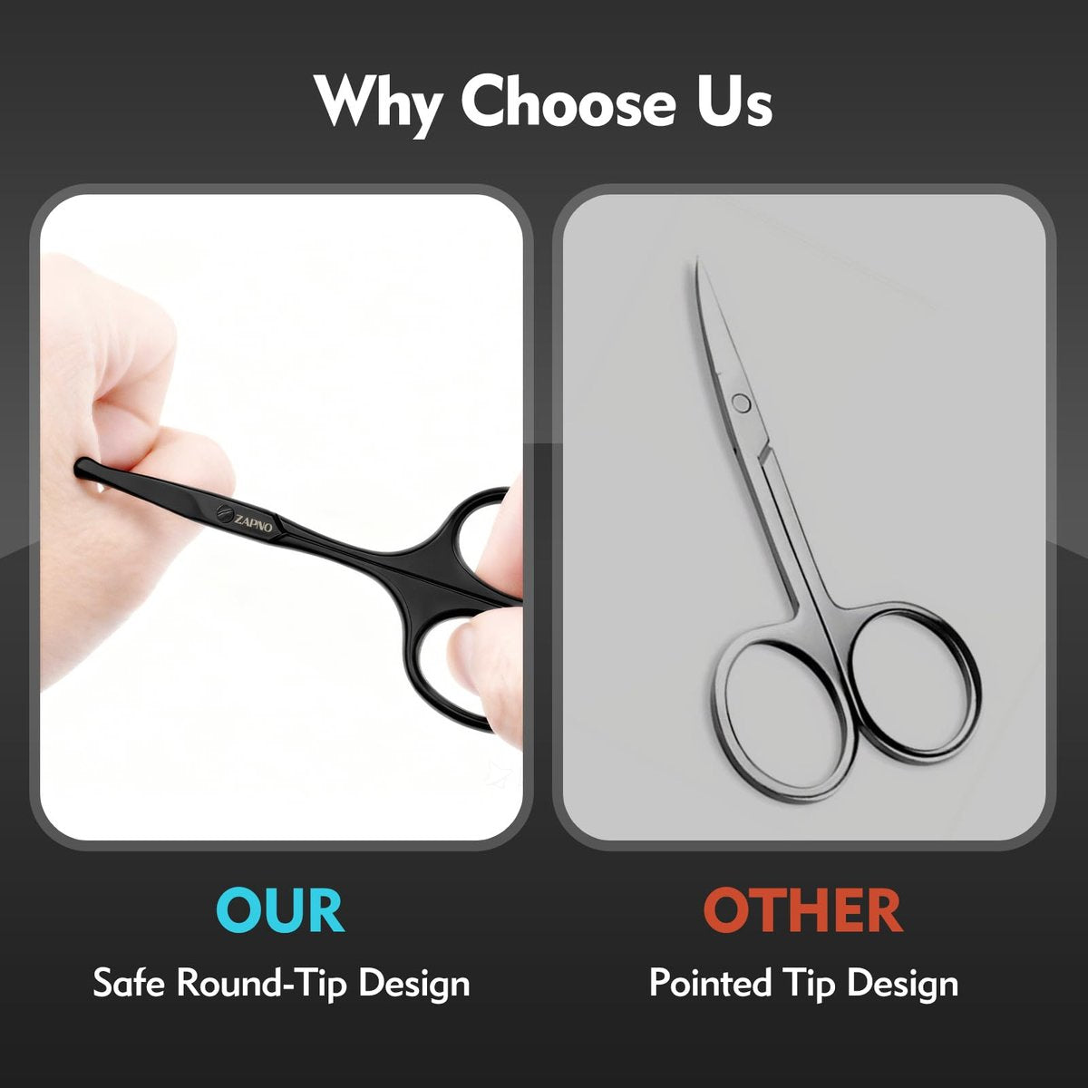 ZAPNO Nose Hair Scissors for Men Women – 3.75" Curved Blades with Rounded Safety Tip, Stainless Steel Nose Scissors, Facial Hair Trimmer Mustache Eyebrow Grooming (Black) - görsel 7