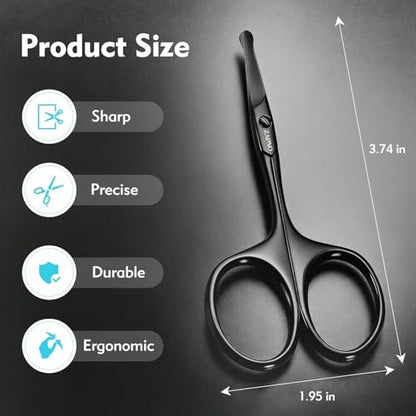 ZAPNO Nose Hair Scissors for Men Women – 3.75" Curved Blades with Rounded Safety Tip, Stainless Steel Nose Scissors, Facial Hair Trimmer Mustache Eyebrow Grooming (Black)