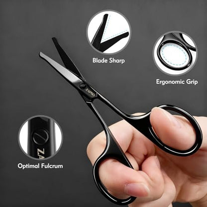 ZAPNO Nose Hair Scissors for Men Women – 3.75" Curved Blades with Rounded Safety Tip, Stainless Steel Nose Scissors, Facial Hair Trimmer Mustache Eyebrow Grooming (Black)