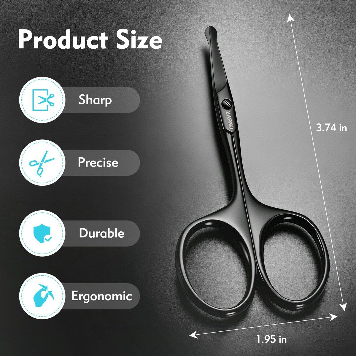 ZAPNO Nose Hair Scissors for Men Women – 3.75" Curved Blades with Rounded Safety Tip, Stainless Steel Nose Scissors, Facial Hair Trimmer Mustache Eyebrow Grooming (Black) - görsel 3