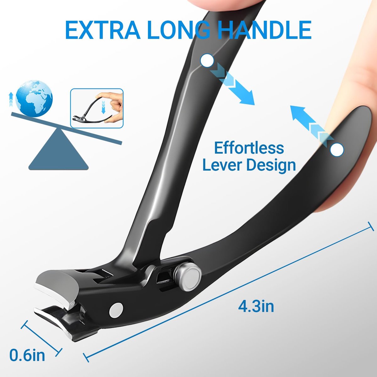 Long Handle Toenail Clippers for Seniors - Ultra Wide Jaw Opening, Stainless Steel, Black Avelisse