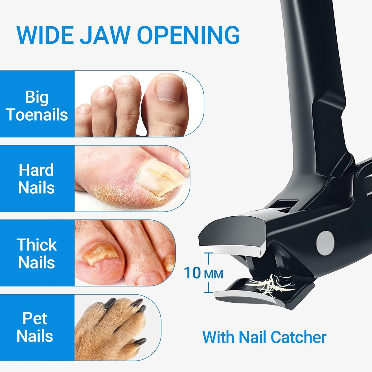 Long Handle Toenail Clippers for Seniors - Ultra Wide Jaw Opening, Stainless Steel, Black Avelisse