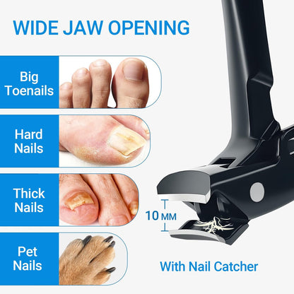 Long Handle Toenail Clippers for Seniors - Ultra Wide Jaw Opening, Stainless Steel, Black Avelisse