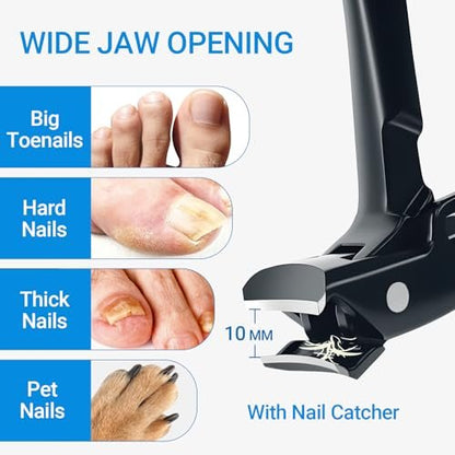 Long Handle Toenail Clippers for Seniors - Ultra Wide Jaw Opening, Stainless Steel, Black Avelisse