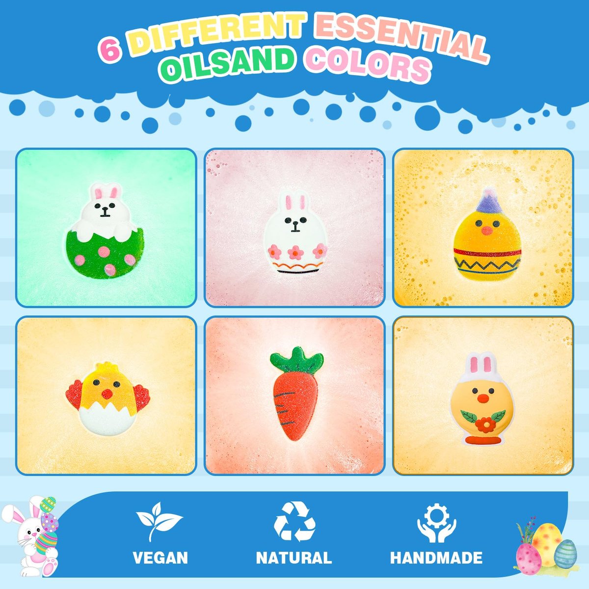 Easter Bath Bombs for Kids - 6 Pack Bunny, Chicken & Egg Shapes - Gentle, Handmade Fizz Balls for Easter Basket Stuffers, Party Favors Avelisse