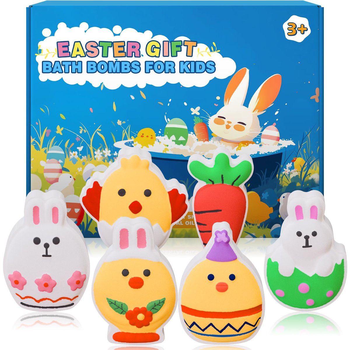 Easter Bath Bombs for Kids - 6 Pack Bunny, Chicken & Egg Shapes - Gentle, Handmade Fizz Balls for Easter Basket Stuffers, Party Favors Avelisse