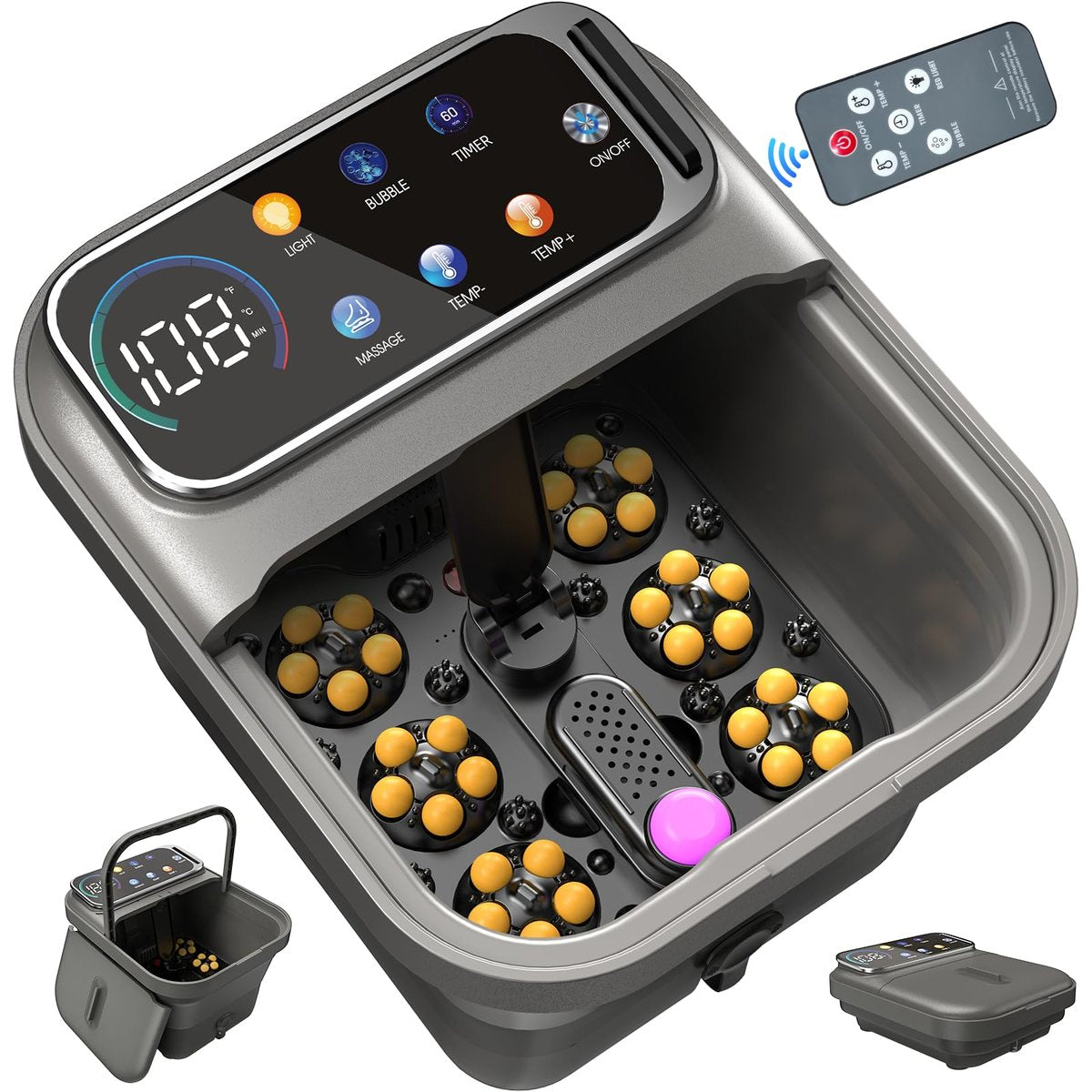 Omnqira Collapsible Foot Spa Bath with Heat and Massage – Motorized Shiatsu Foot Massager Tub for Plantar Fasciitis & Stress Relief, Temp Control, Bubbles, Remote, Pedicure Spa at Home (Grey) Avelisse