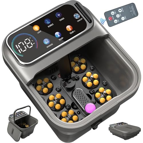 Omnqira Collapsible Foot Spa Bath with Heat and Massage – Motorized Shiatsu Foot Massager Tub for Plantar Fasciitis & Stress Relief, Temp Control, Bubbles, Remote, Pedicure Spa at Home (Grey) Avelisse
