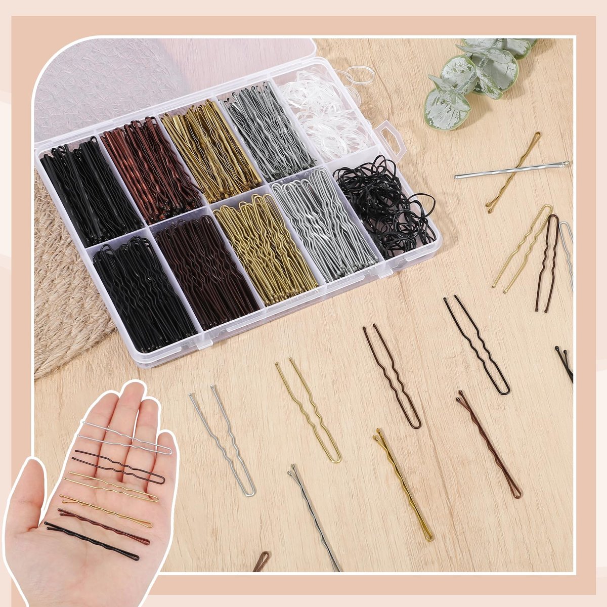 600Pcs Bobby Pins Set 4 Colors - U-Shaped & Classic Hair Pins for Women, Buns, Wedding Styling with Storage Box & Small Hair Ties (Black, Brown, Blonde, Silver) - görsel 9
