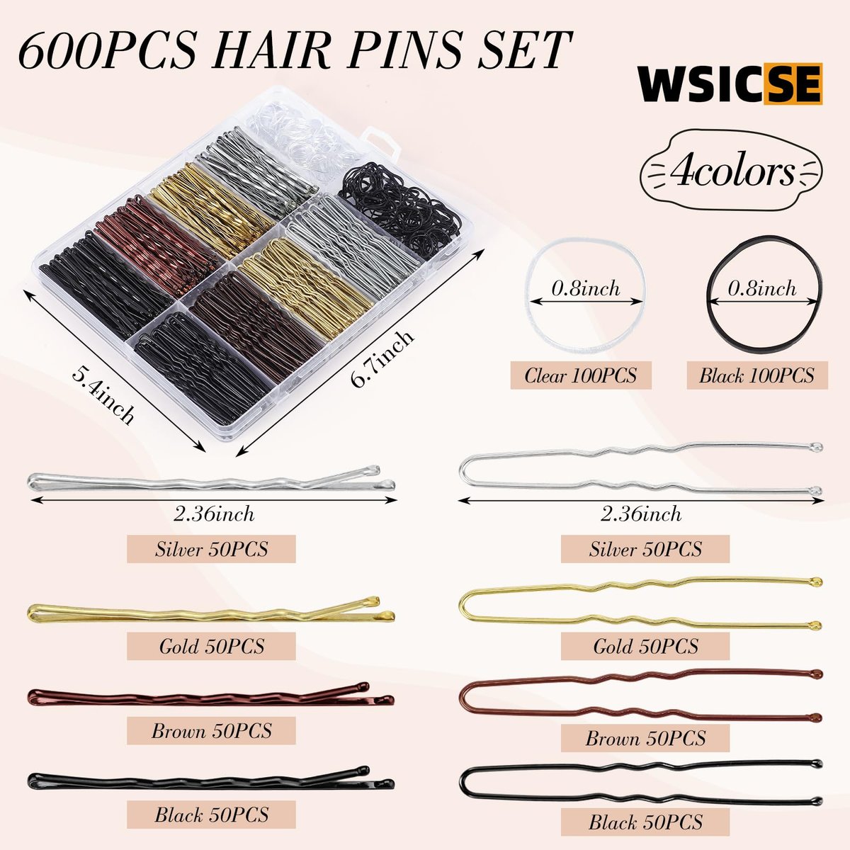 600Pcs Bobby Pins Set 4 Colors - U-Shaped & Classic Hair Pins for Women, Buns, Wedding Styling with Storage Box & Small Hair Ties (Black, Brown, Blonde, Silver) - görsel 3