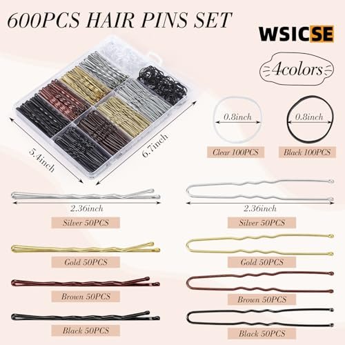 600Pcs Bobby Pins Set 4 Colors - U-Shaped & Classic Hair Pins for Women, Buns, Wedding Styling with Storage Box & Small Hair Ties (Black, Brown, Blonde, Silver) - görsel 4