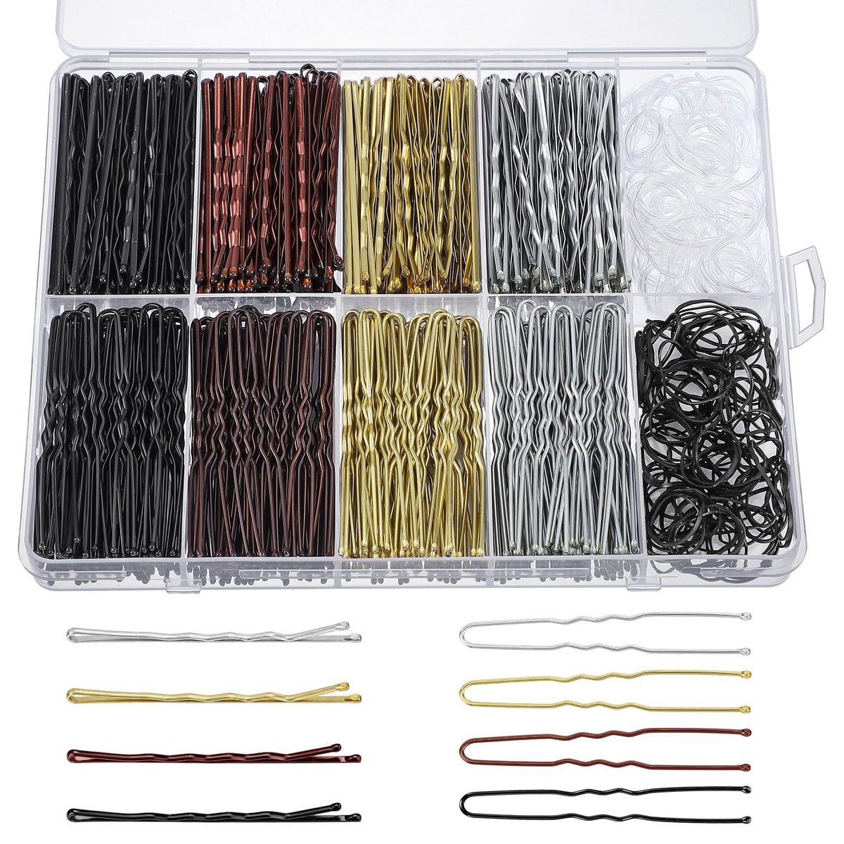 600Pcs Bobby Pins Set 4 Colors - U-Shaped & Classic Hair Pins for Women, Buns, Wedding Styling with Storage Box & Small Hair Ties (Black, Brown, Blonde, Silver) - görsel 1