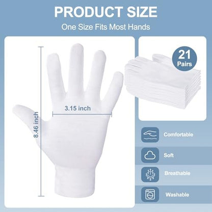 42-Pack White Cotton Gloves for Dry Hands, Eczema Care, Night-Time Moisturizing, Unisex Soft Sleep Elastic SPA Glove Set for Jewellery Inspection, Arts Crafts, Wedding, Halloween Costumes