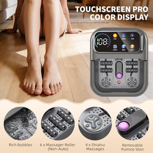 Omnqira Collapsible Foot Spa Bath with Heat and Bubbles – Portable Foot Soaker with XL Touch Screen, Temp Control & Massage Rollers for At-Home Pedicure and Stress Relief Avelisse