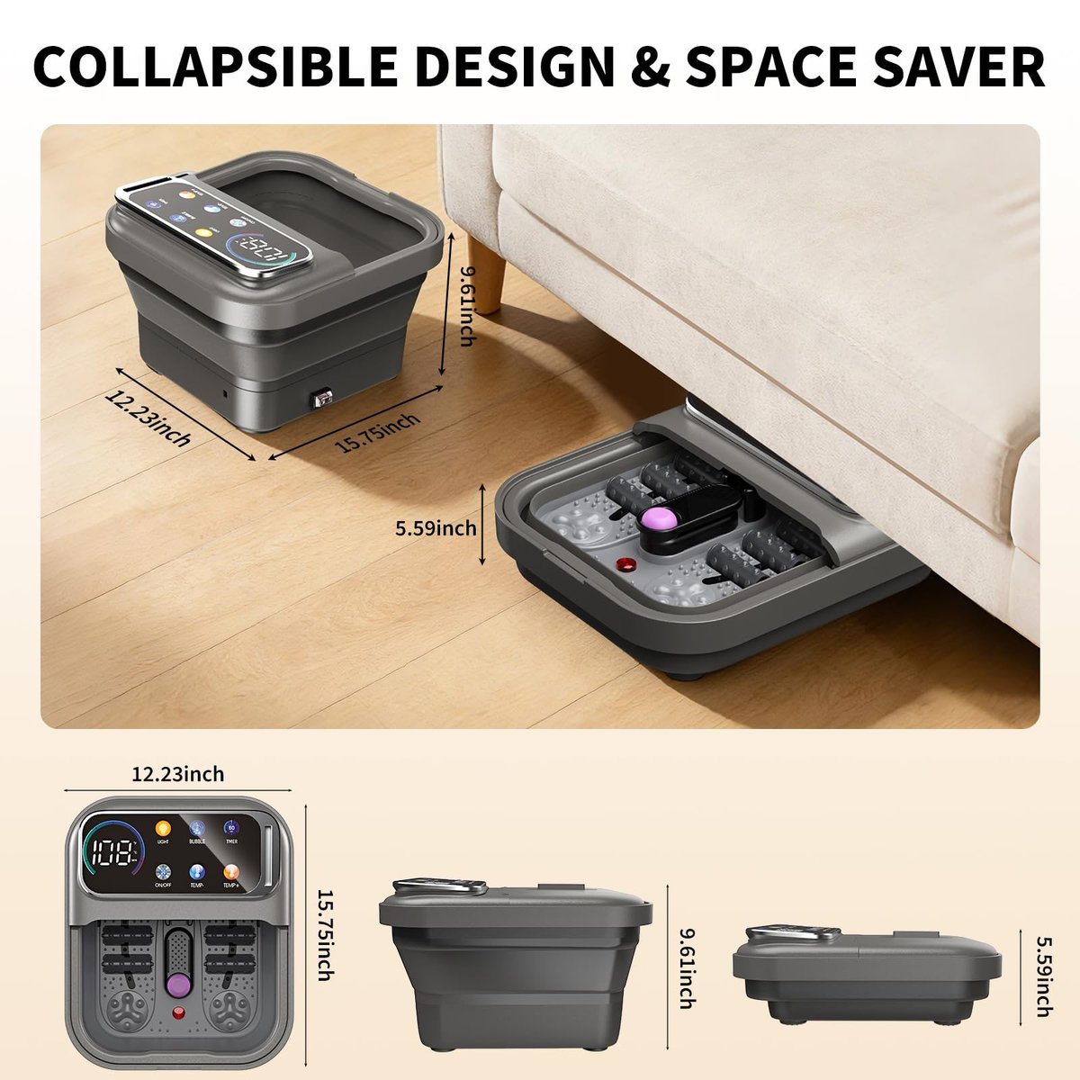 Omnqira Collapsible Foot Spa Bath with Heat and Bubbles – Portable Foot Soaker with XL Touch Screen, Temp Control & Massage Rollers for At-Home Pedicure and Stress Relief Avelisse