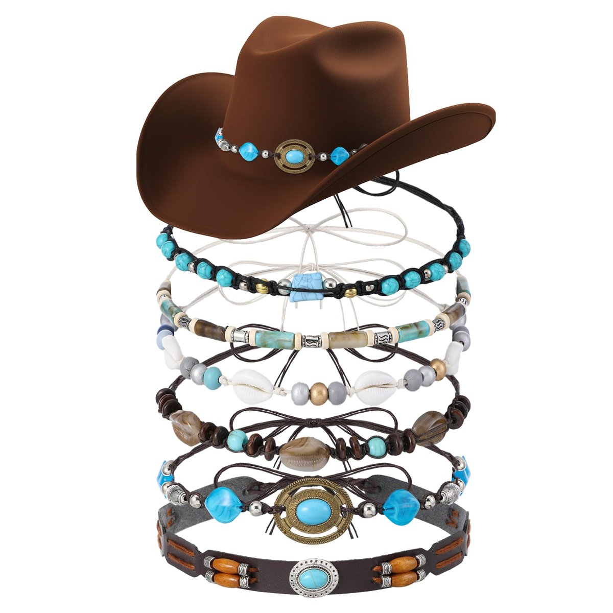 APLZGMG 6-Pack Adjustable Cowboy Hat Bands - Ethnic Western Turquoise Beaded Hatbands for Women and Men Avelisse