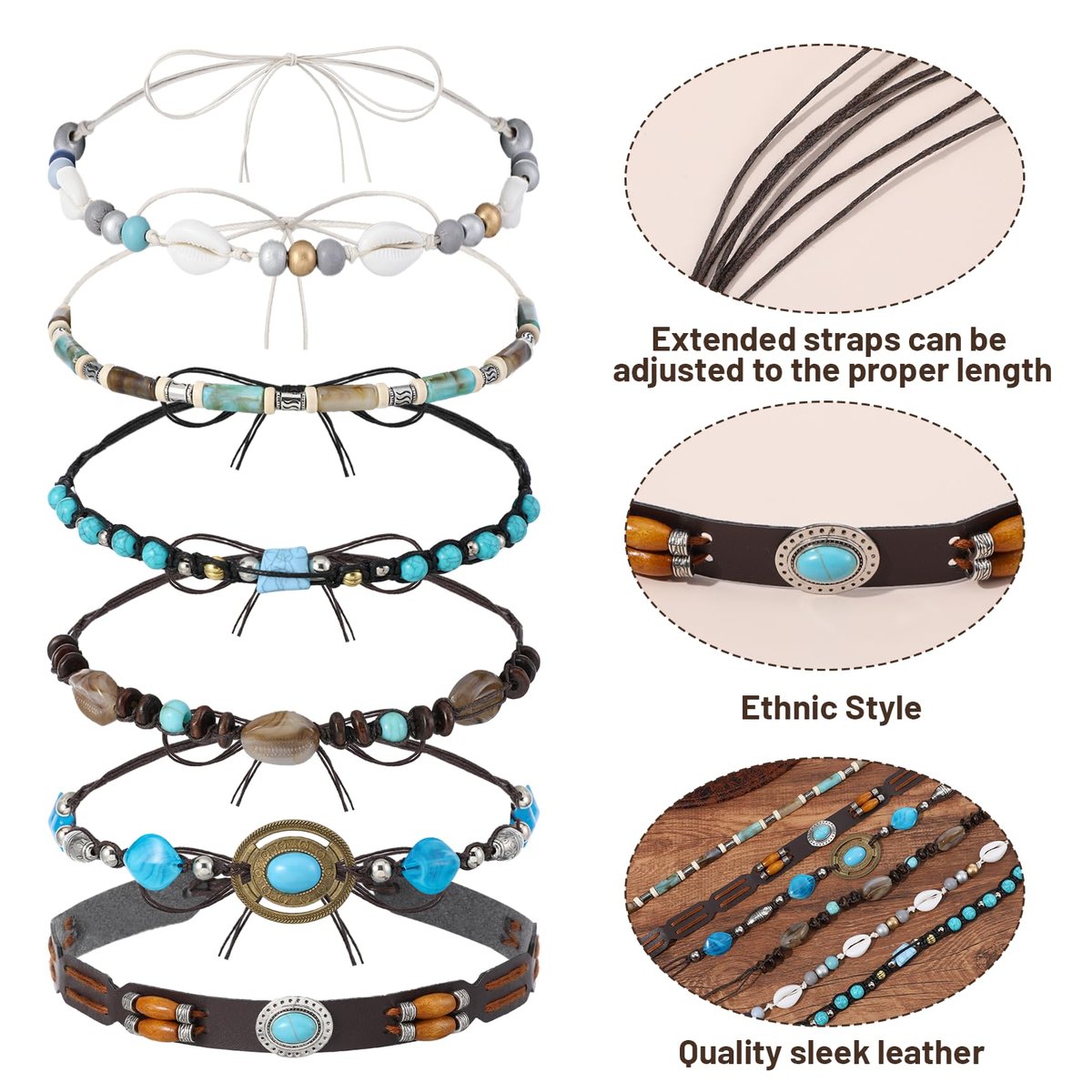 APLZGMG 6-Pack Adjustable Cowboy Hat Bands - Ethnic Western Turquoise Beaded Hatbands for Women and Men Avelisse