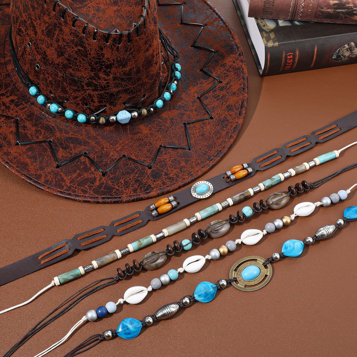 APLZGMG 6-Pack Adjustable Cowboy Hat Bands - Ethnic Western Turquoise Beaded Hatbands for Women and Men Avelisse