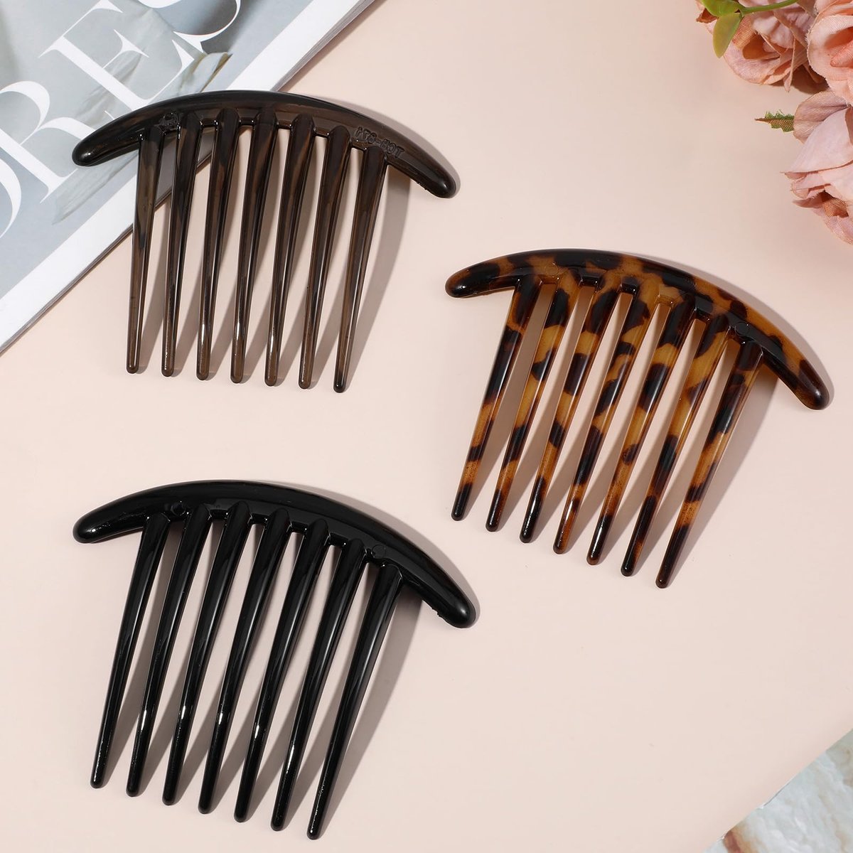 Ymapinc 3PCS French Hair Comb, 7 Tooth Plastic Elegant French Hair Side Combs for Women Girls - Tidying Up Stray Buns Hairpin Clips Accessories, Tortoiseshell Color with Leopard Print Avelisse