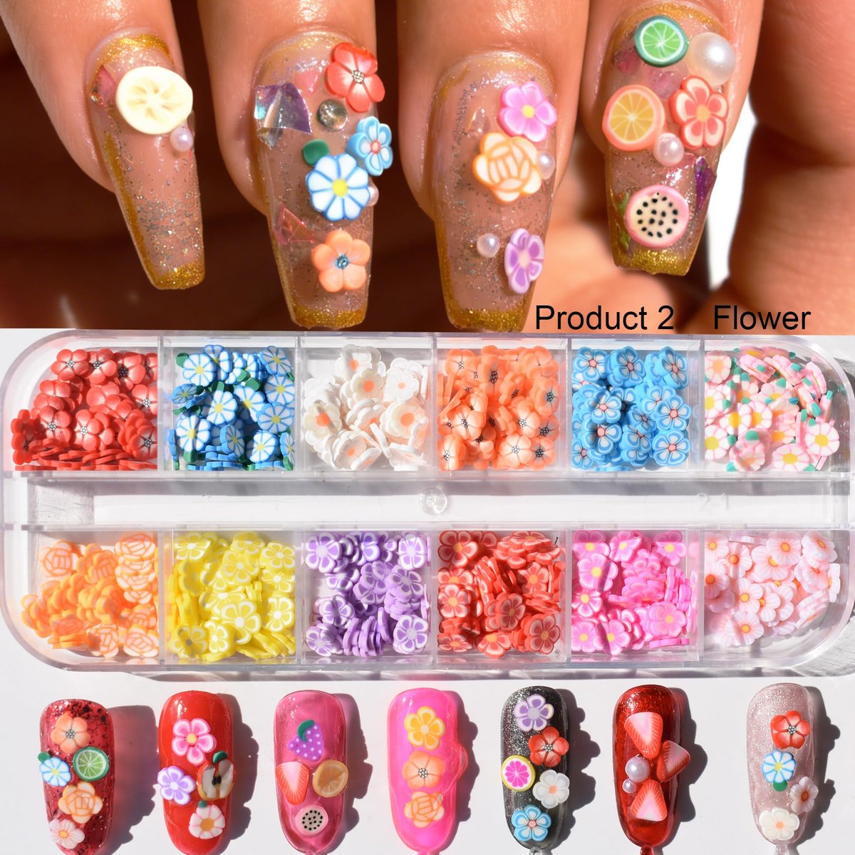 2 Boxes of Crystal Mash Clay Strip Flowers Fruit Slices & Holographic Nail Art Glitter Iridescent Flakes - Gradient Bright Ice Slag Nail Sequins Paillettes Summer Nail Decoration - görsel 7