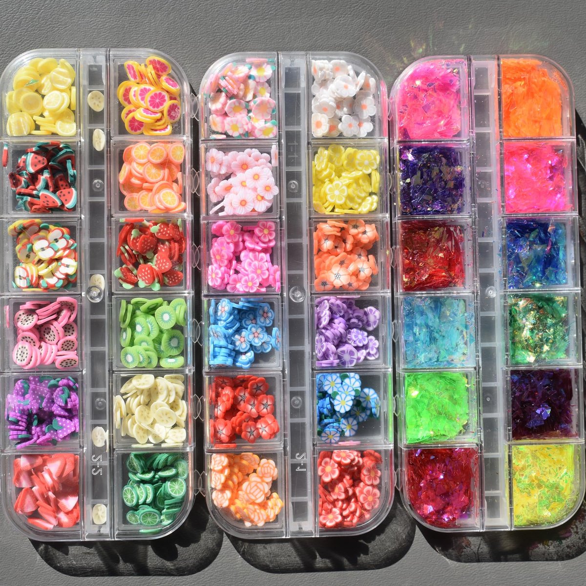 2 Boxes of Crystal Mash Clay Strip Flowers Fruit Slices & Holographic Nail Art Glitter Iridescent Flakes - Gradient Bright Ice Slag Nail Sequins Paillettes Summer Nail Decoration - görsel 11