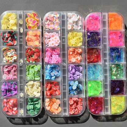 2 Boxes of Crystal Mash Clay Strip Flowers Fruit Slices & Holographic Nail Art Glitter Iridescent Flakes - Gradient Bright Ice Slag Nail Sequins Paillettes Summer Nail Decoration
