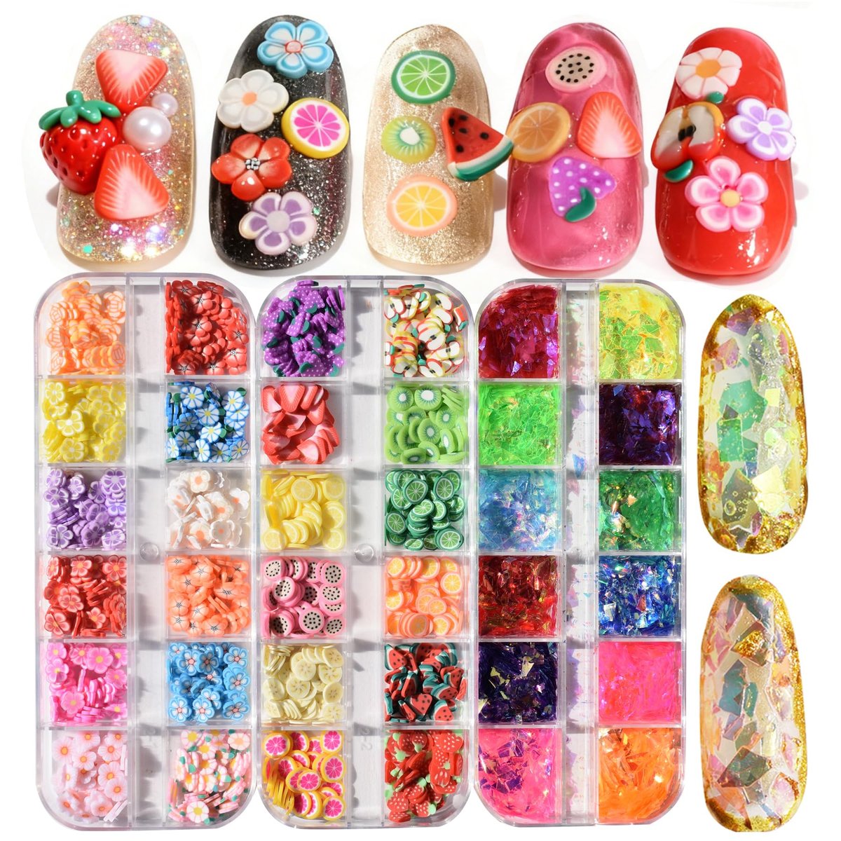 2 Boxes of Crystal Mash Clay Strip Flowers Fruit Slices & Holographic Nail Art Glitter Iridescent Flakes - Gradient Bright Ice Slag Nail Sequins Paillettes Summer Nail Decoration - görsel 1