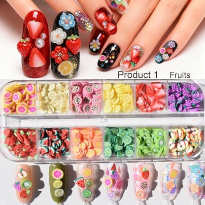 2 Boxes of Crystal Mash Clay Strip Flowers Fruit Slices & Holographic Nail Art Glitter Iridescent Flakes - Gradient Bright Ice Slag Nail Sequins Paillettes Summer Nail Decoration
