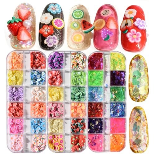 2 Boxes of Crystal Mash Clay Strip Flowers Fruit Slices & Holographic Nail Art Glitter Iridescent Flakes - Gradient Bright Ice Slag Nail Sequins Paillettes Summer Nail Decoration - görsel 2
