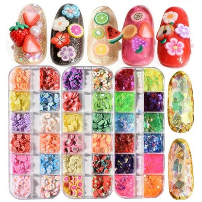 2 Boxes of Crystal Mash Clay Strip Flowers Fruit Slices & Holographic Nail Art Glitter Iridescent Flakes - Gradient Bright Ice Slag Nail Sequins Paillettes Summer Nail Decoration