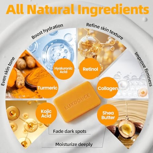 LUXDOUCE Kojic Acid Soap for Dark Spots – Turmeric & Lemon Skin Brightening Soap for Face & Body, Uneven Skin Tone Care & Daily Cleansing, 3 Bars (120g / 4.23 oz Each) - görsel 8