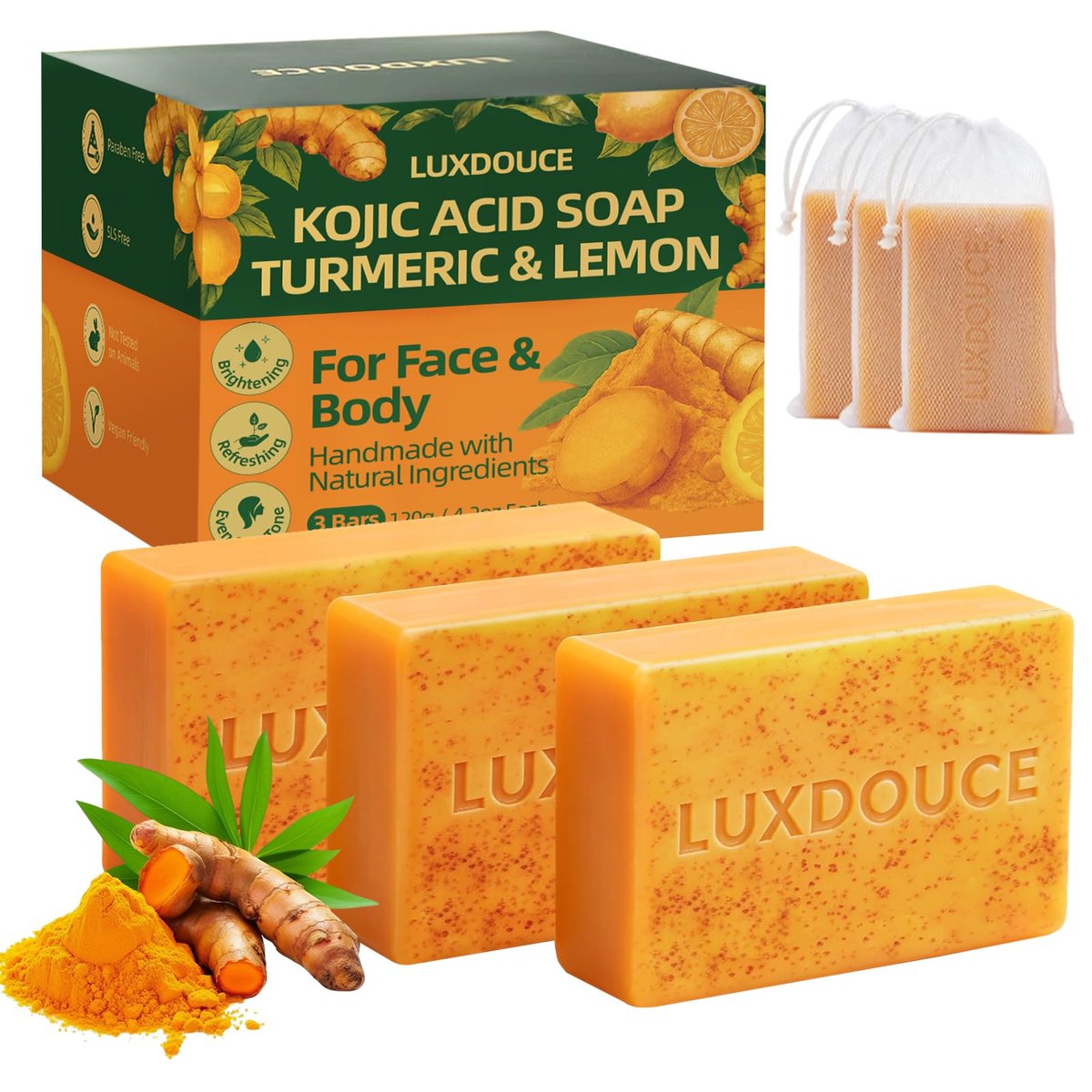 LUXDOUCE Kojic Acid Soap for Dark Spots – Turmeric & Lemon Skin Brightening Soap for Face & Body, Uneven Skin Tone Care & Daily Cleansing, 3 Bars (120g / 4.23 oz Each) - görsel 1
