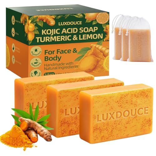 LUXDOUCE Kojic Acid Soap for Dark Spots – Turmeric & Lemon Skin Brightening Soap for Face & Body, Uneven Skin Tone Care & Daily Cleansing, 3 Bars (120g / 4.23 oz Each) - görsel 2