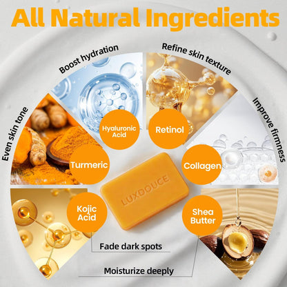 LUXDOUCE Kojic Acid Soap for Dark Spots – Turmeric & Lemon Skin Brightening Soap for Face & Body, Uneven Skin Tone Care & Daily Cleansing, 3 Bars (120g / 4.23 oz Each)