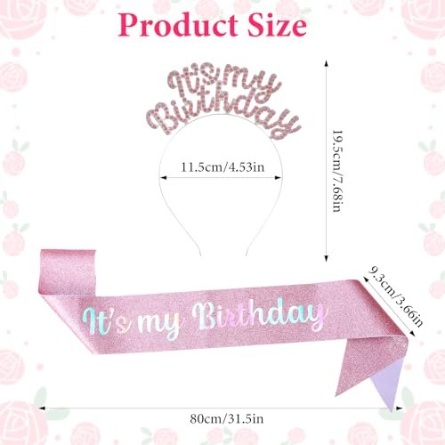 Ouligay Pink Birthday Sash and Crystal Rhinestone Birthday Tiara for Women and Girls – Glitter Its My Birthday Headband Accessories Set for Party Favors - görsel 4