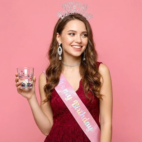 Ouligay Pink Birthday Sash and Crystal Rhinestone Birthday Tiara for Women and Girls – Glitter Its My Birthday Headband Accessories Set for Party Favors - görsel 12
