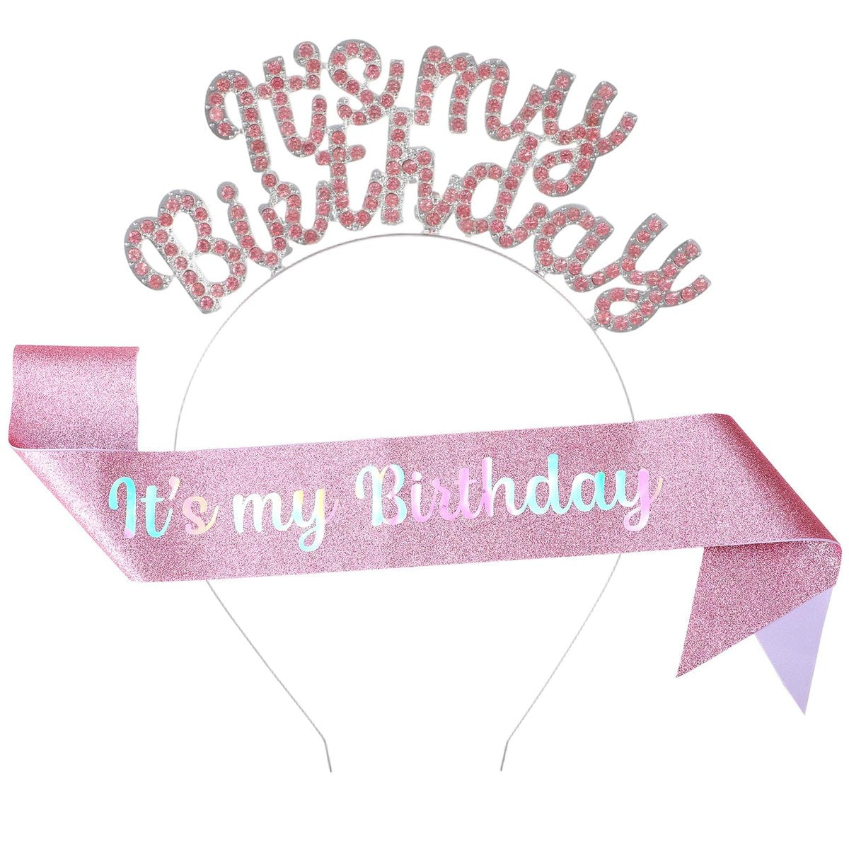 Ouligay Pink Birthday Sash and Crystal Rhinestone Birthday Tiara for Women and Girls – Glitter Its My Birthday Headband Accessories Set for Party Favors - görsel 1