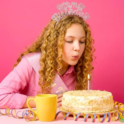 Ouligay Pink Birthday Sash and Crystal Rhinestone Birthday Tiara for Women and Girls – Glitter Its My Birthday Headband Accessories Set for Party Favors - görsel 8