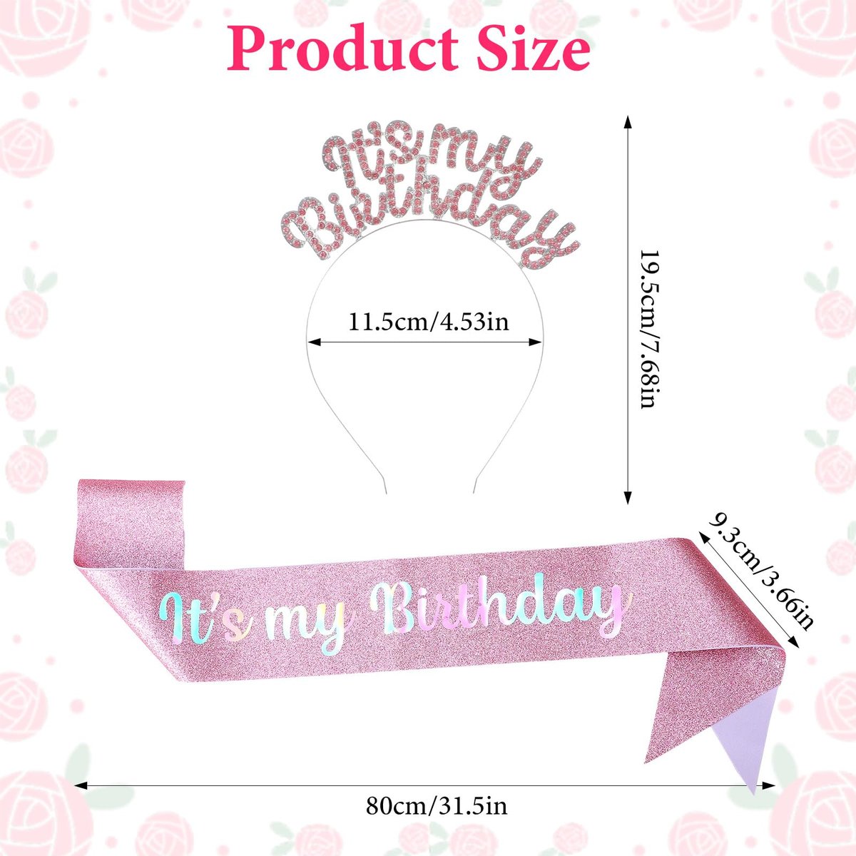 Ouligay Pink Birthday Sash and Crystal Rhinestone Birthday Tiara for Women and Girls – Glitter Its My Birthday Headband Accessories Set for Party Favors - görsel 3