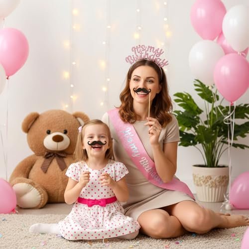 Ouligay Pink Birthday Sash and Crystal Rhinestone Birthday Tiara for Women and Girls – Glitter Its My Birthday Headband Accessories Set for Party Favors - görsel 10