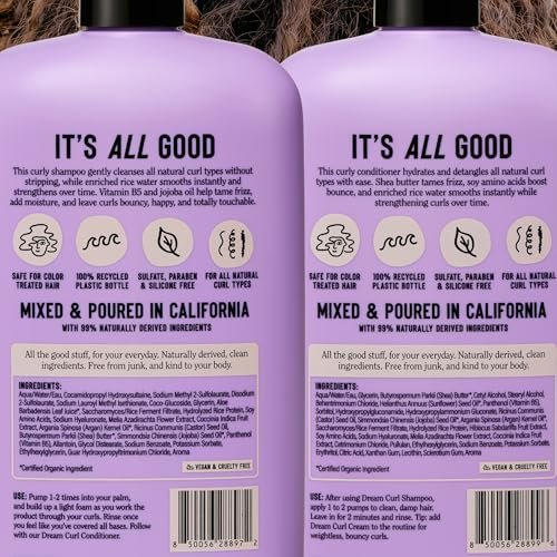 California Naturals Dream Curl Shampoo & Conditioner Set – Rice Water & Shea Butter for Soft, Bouncy, Frizz-Free Curls – Vegan, Sulfate-Free, Silicone-Free, Color Safe, 16.5 oz Each Avelisse