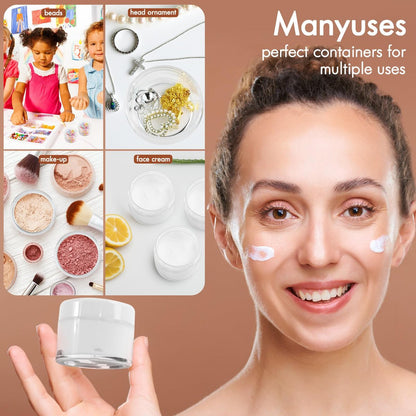 4 Pack 1 oz Empty Clear Plastic Jars with Lids – Leak-Proof Wide-Mouth Round Containers for Travel, Makeup, Creams, Ointments, DIY (White Lids)