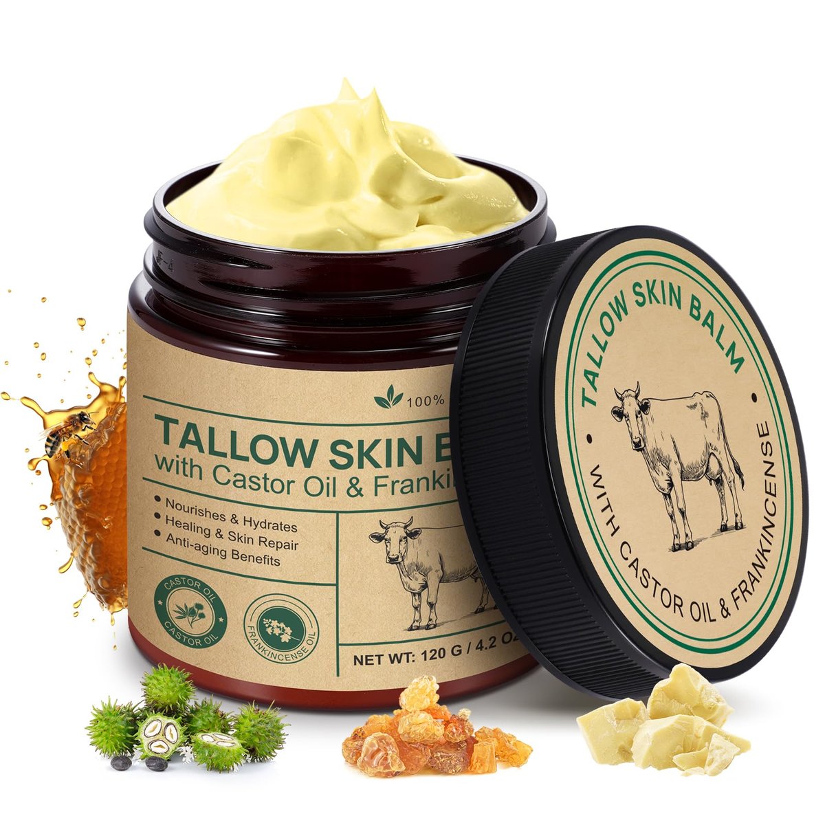 ZIXAOK 100% Grass-Fed Tallow, Organic Castor & Frankincense Oil Face Balm - Age-Defying Moisturizer for Sensitive & Dry Skin, Repairs Skin Barrier, Handmade for Face & Body, 4.2oz Avelisse